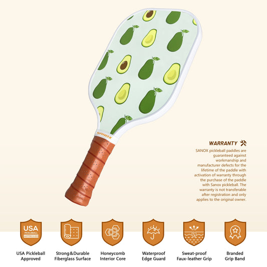Unisex Avocado Pattern Pickleball Paddle – Fiberglass Construction, PP Honeycomb Core, Cold-Pressed Design, Beginner-Friendly, Perfect for Independence Day and Thanksgiving Celebrations