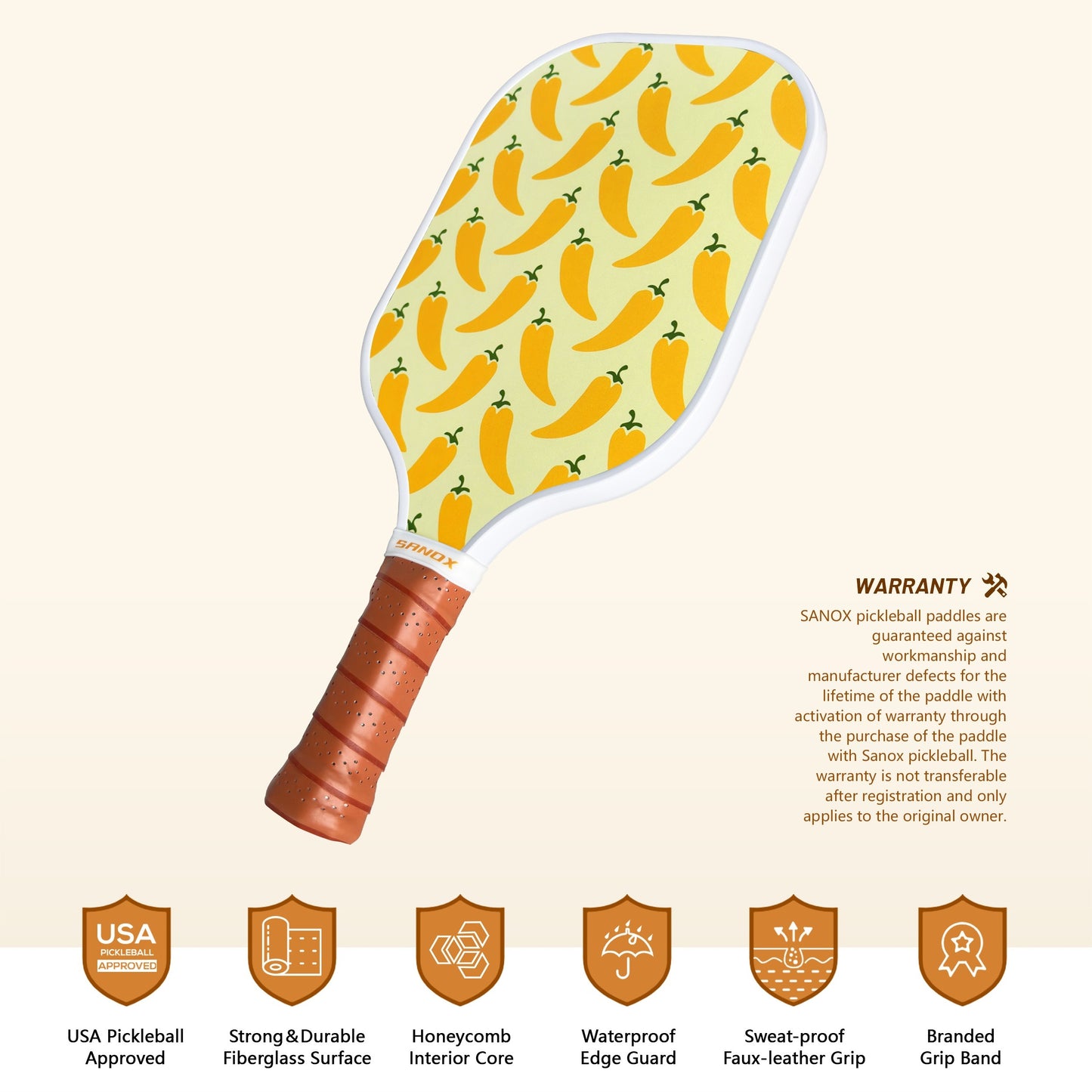 A unisex fiberglass pickleball paddle, cold-pressed, with a PP honeycomb core, waterproof edge guard, sweat-resistant grip, and U.S. certification – perfect for Thanksgiving and Independence Day celebrations.