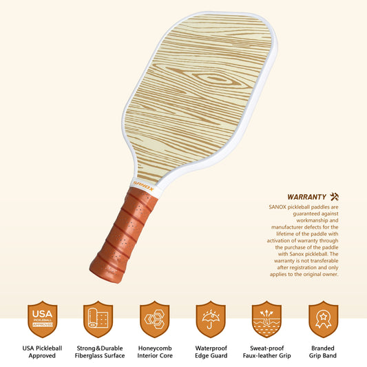 1pc Fiberglass Pickleball Paddle] SANOX Unisex Fiberglass Pickleball Paddle with PP Honeycomb Core, Cold-Pressed Design, Ideal for Casual Play – Waterproof, USA Pickleball Approved, with Grip, Perfect for Independence Day & Thanksgiving Events (1-Pack)